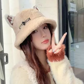 Китайская плюшевая шапка-ведро для женщин на осень и зиму с милыми ушками, интернет-знаменитость, защита ушей, теплая, искусственный мех кролика, шапка-ведро one size fits all белый