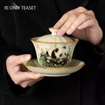 Китайская расписанная вручную керамическая гайвань с изображением панды, обожженная в печи, чайная чашка ручной работы, красивая заварочная чаша для чая, бытовая дорожная чаша, переносная чайная утварь