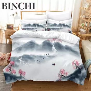 Китайская роспись кистью Комплект постельного белья Пододеяльник Комплект постельного белья 3D Цифровая печать Постельное белье Queen Size Комплект постельного белья Модный дизайн EU single(135x200cm)