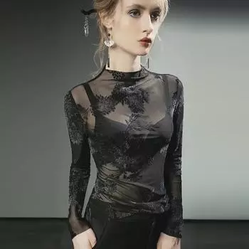 Китайская сетчатая рубашка с флокированным кружевом: Сексуальный дизайн с длинным рукавом и ажурным узором Small