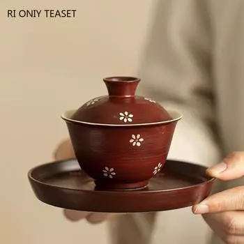 Китайская традиционная керамическая гайвань, чайная чашка ручной работы с цветами, бытовая косметика, заварник для чая, портативный чайный сервиз, аксессуары 12.8x8.3cm 130ml