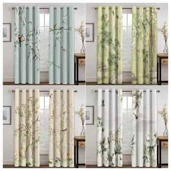 Китайская традиционная культура Птица Цветок Оконные шторы в детской спальне Гостиная Холл Декор Кухня Шторы 2 шт. W60H60(CM)x2PCS&HOOK