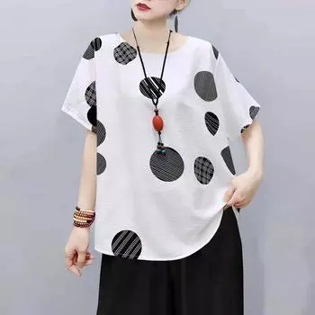 Китайская женская футболка в китайском стиле с длинными рукавами, свободная хлопковая летняя блузка с короткими рукавами в этническом стиле one size