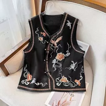 Китайская женская одежда высокого класса литературный и ретро национальный стиль жилет осень и зима новый вышитый этнический стиль диагональная планка пряжка жилет XL (recommended 85-55kg)