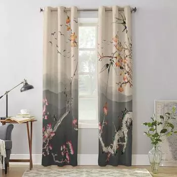 Китайская живопись Цветение сливы Пейзаж оконная занавеска Гостиная Роскошная балдахинная занавеска для спальни Домашняя кухня Декор Шторы 135W x 60H(cm) x1