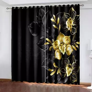 Китайская живопись с золотыми цветами, листьями и птицами, занавески на окна в детской спальне, гостиной, зале, шторы на кухне, жалюзи W50 X H130(CM)X2&Hook