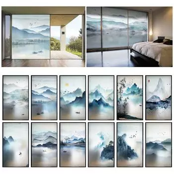 Китайская живопись тушью Пленка для приватного стекла Классический стиль Пейзажный узор Оконные пленки Статичные наклейки на окна с витражами 30X90cm
