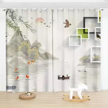 Китайские чернила бамбуковые полузатемняющие занавески с принтом люверсы для верхней спальни гостиной от пола до потолка 2 панели шторы (W50cmxH130cm)x2&Rod Pocket