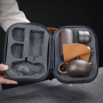 Китайские фарфоровые чайные сервизы Ши, керамический чайник из исинской фиолетовой глины, чайный сервиз кунг-фу, дорожный набор, 1 горшок, 4 чашки, 1 банка, 130 мл, 5 шт. Six-piece Set