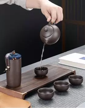 Китайские фарфоровые чайные сервизы Ши, керамический чайник из исинской фиолетовой глины, чайный сервиз кунг-фу, дорожный набор, 1 горшок, 4 чашки, 1 банка, 130 мл, 5 шт. 1 pot 4 Cups 1 jar(Six-piece Set)