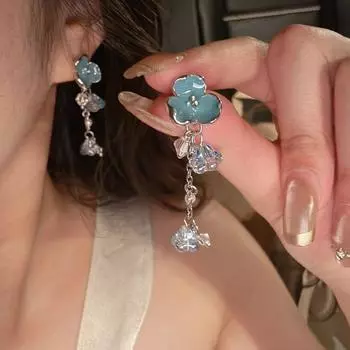 Китайские Модные Антикварные Серьги Для Похудения Лица Элегантные Длинные Серьги с Бахромой Синие Серьги-Пуссеты в виде Цветка Причудливые Клипсы для Ушей Ear clip