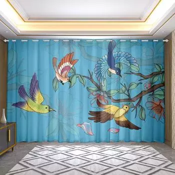 Китайские ретро-шторы на заказ Цветы Птицы Китайская живопись Декоративные шторы Классические полузатемняющие оконные шторы 2 панели 100W130H(CM)40x51in&rod pocket