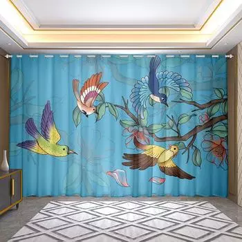 Китайские ретро-шторы на заказ Цветы Птицы Китайская живопись Декоративные шторы Классические полузатемняющие оконные шторы 2 панели 100W130H(CM)40x51in&rod pocket