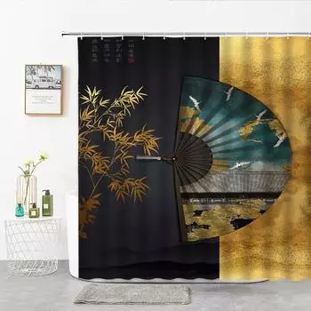 Китайские ретро-занавески для душа, геометрия, складной веер, абстрактная напечатанная занавеска для ванной комнаты, полиэстеровая ткань, занавеска для декора ванной W90xH180cm