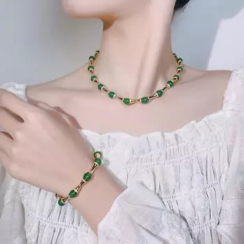 Китайские ювелирные изделия комплект ювелирных изделий браслет ключица цепочка имитация натурального халцедона бисер для пожилых дам