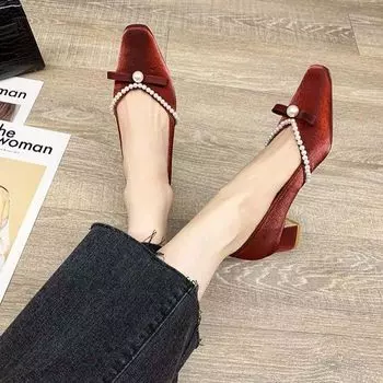 Китайские жемчужные свадебные туфли одинарные туфли женские 2025 новые туфли на высоком каблуке с квадратной головкой Xiaoxiangfeng платье невесты туфли подружки невесты 35
