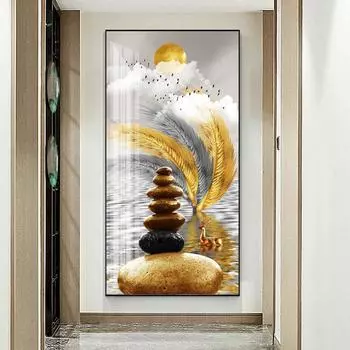 Китайские золотые перья, холст, картина, настенное искусство, золотой олень, богатое дерево, счастливый дзен, каменные постеры, настенное искусство для декора гостиной 20cm40cm NoFrame