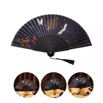Китайский элегантный складной веер с рисунком журавлей, старинный стиль, ручной веер из дерева и ткани с кисточками