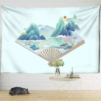 Китайский антикварный складной веерный гобелен, настенный простой художественный богемный пейзаж, эстетика комнаты, домашний декор 95x70cm