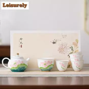 Китайский белый подглазурный керамический чайный сервиз, расписанный вручную, полный набор для чайной церемонии, набор для заваривания чая и чашек, китайский чайный сервиз ручной работы