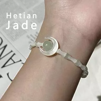 Китайский Canglan Jue натуральный нефритовый бамбуковый браслет Hetian с лунными бусинами для женщин зелёный