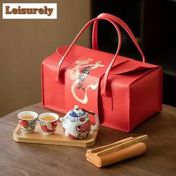 Китайский чайный сервиз Dargon Fish, комплект, роскошный чайный сервиз, полный комплект, 1 чайник, 2 чашки, чайник, дорожный чайный сервиз, портативный органайзер для кемпинга