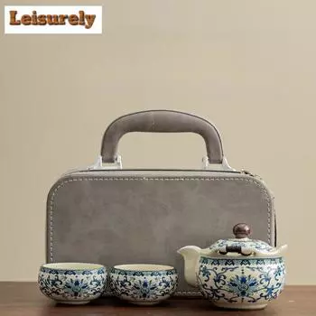 Китайский чайный сервиз Ru Kiln Blue And White, набор для бутика, 1 чайник, 2 чашки, бытовой чайник для отдыха на природе, переносная дорожная сумка, украшения
