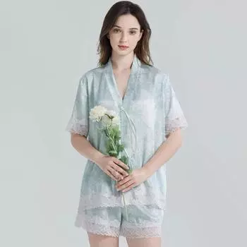 Китайский древний стиль цветочный принт узел женская пижама классическая элегантная эстетика домашняя одежда летние кружевные домашняя одежда M