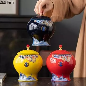 Китайский дворец Керамическая банка для чая Запечатанная универсальная банка для кухни Чай Чай Кофейные зерна Банка для хранения Бытовая влагостойкая коробка для чая Подарочная коробка