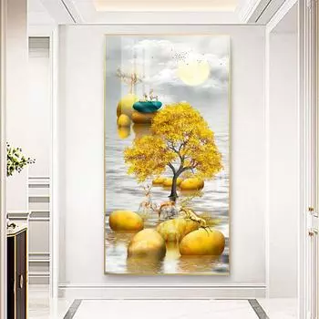 Китайский фэншуй, золотое богатое дерево, холст, картина, олень, пейзаж, счастливый камень, дзен, постеры, настенное искусство для декора гостиной, Куадрос 20cm40cm NoFrame