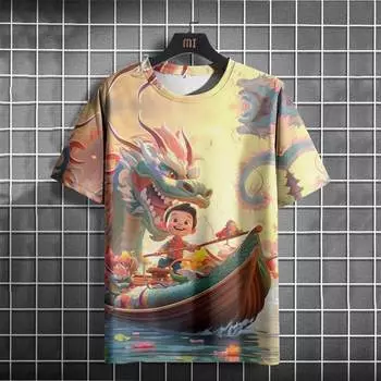 Китайский фестиваль Драконьи лодки Фестиваль футболка праздничная одежда для мужчин повседневная с коротким рукавом y2k Street повседневные топы мужская одежда S