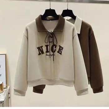 Китайский хлопок, имитация хлопка, композитный молочный шелк, корейская версия, вышитые буквы, длинный рукав, толстовка, осенний топ S хаки
