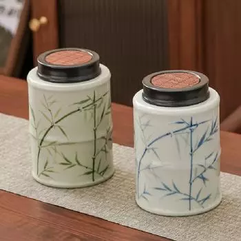 Китайский керамический чайник для чая, расписанный вручную бамбуковыми листьями, коробка для хранения чая с крышкой, банка для хранения чая, декоративная бутылка для гостиной