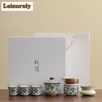 Китайский керамический чайный сервиз Ru Kiln Blue And White, изысканные заварочные чайники Klit Kung Fu, переносная чайная чашка Gaiwan, чайные чашки в подарок
