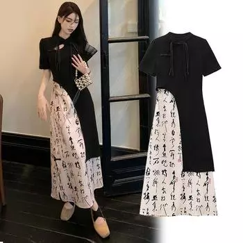 Китайский костюм женский летний универсальный модный комплект из топа и юбки с короткими рукавами из двух предметов L разноцветный