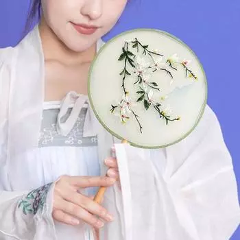 Китайский круглый веер ханьфу, двусторонний вышитый цветочный узор, дворец, ручной веер, винтажные ручные вееры ручной работы с подвеской с кисточкой F