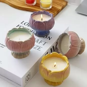 Китайский лотос керамический подсвечник храм Будда принадлежности для домашнего поклонения в помещении небольшая курильница расписной масляный держатель лампы Little Lotus - Pink Purple (Single Candlestick)