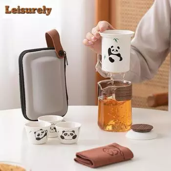 Китайский милый панда портативный дорожный чайный набор элегантный набор чайных принадлежностей 1 чайник 3 чашки чайник сумка для пикника чайная церемония ремесло