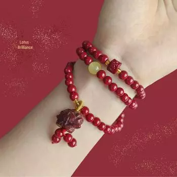 «Китайский многокруговой браслет из киновари с подвеской в виде лотоса и льва — элегантный ретро-аксессуар для женщин» Lotus Lion 1 piece