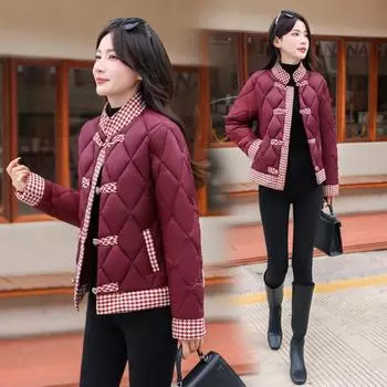 Китайский национальный стиль дизайна сращивания небольшой ароматной хлопковой одежды женская зимняя корейская свободная и легкая пряжка хлопковая одежда M чёрный