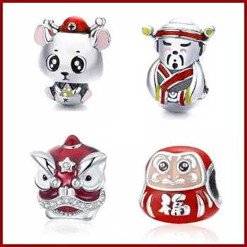 Китайский Новый год красные бусины своими руками из стерлингового серебра 925 пробы фонарь мышь кои серебряные подвески бусины подходят модный оригинальный браслет