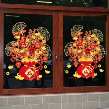 Китайский Новый год Наклейка на окно Денежное дерево Наклейка на стеклянную дверь Неклеящаяся статическая наклейка Наклейки на окна для декора весеннего фестиваля