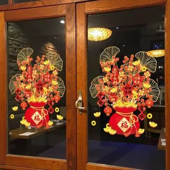 Китайский Новый год Наклейка на окно Денежное дерево Наклейка на стеклянную дверь Неклеящаяся статическая наклейка Наклейки на окна для декора весеннего фестиваля