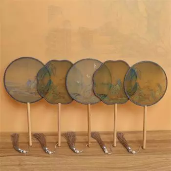 Китайский пейзаж Шелковый веер Винтажные ручные веера Полупрозрачный традиционный круглый веер Украшения для дома Украшения Танцевальный веер