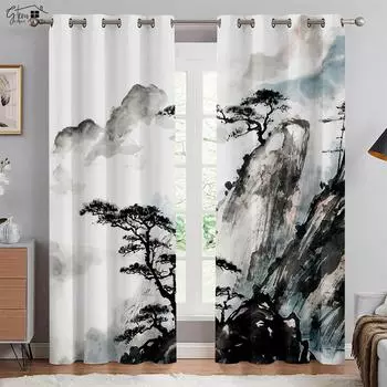Китайский пейзаж Живопись 3D Печать Шторы Живопись тушью Горы и облака Цветение сливы Цветение персика Классические шторы W50xH130(CM)x2PCS&Grommet Top