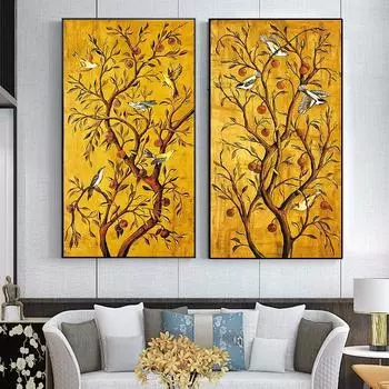 Китайский японский стиль дерево богатое дерево декоративная живопись птицы принты для входа декор холст стены искусства райский сад плакаты 20x40cm No Framed