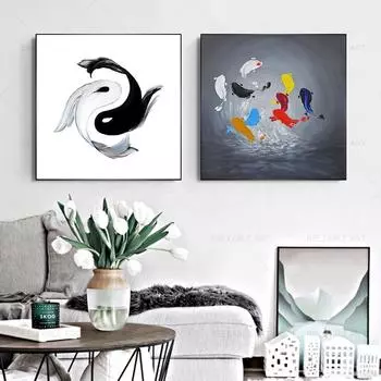 Китайский японский стиль, рыба, дзен, черно-белая рыба, кои, картина маслом, печатные холсты, постеры для декора гостиной, Cuadros 21cm30cm NoFrame
