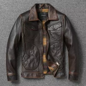 Китайский размер без покрытия матовая натуральная коровья кожаная мужская куртка короткая облегающая винтажная натуральная кожаная куртка осень S
