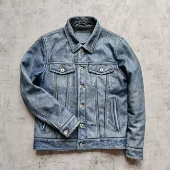 Китайский размер Classic 507 Мужская кожаная куртка из натуральной коровьей кожи Винтаж синего цвета Тонкая короткая весна-осень S