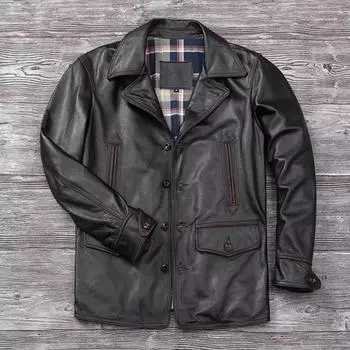 Китайский размер длинная куртка мужская натуральная кожа ветровка классическая черная куртка из коровьей кожи повседневная кожаная ткань S